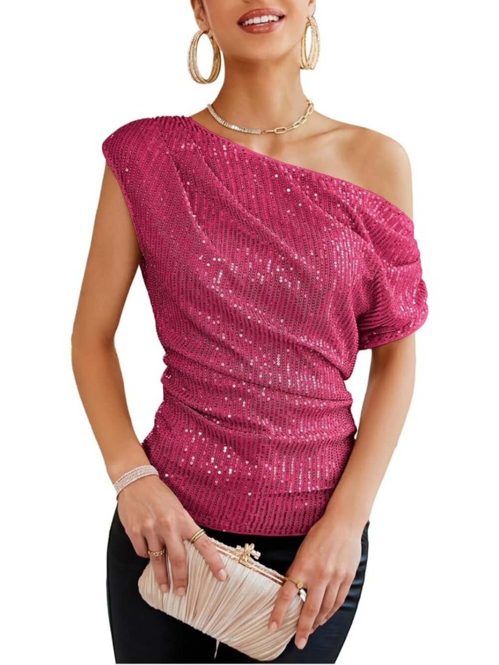 One Shoulder Sequin Glitter Top for Women | Ruched Asymmetrical Sparkly Party